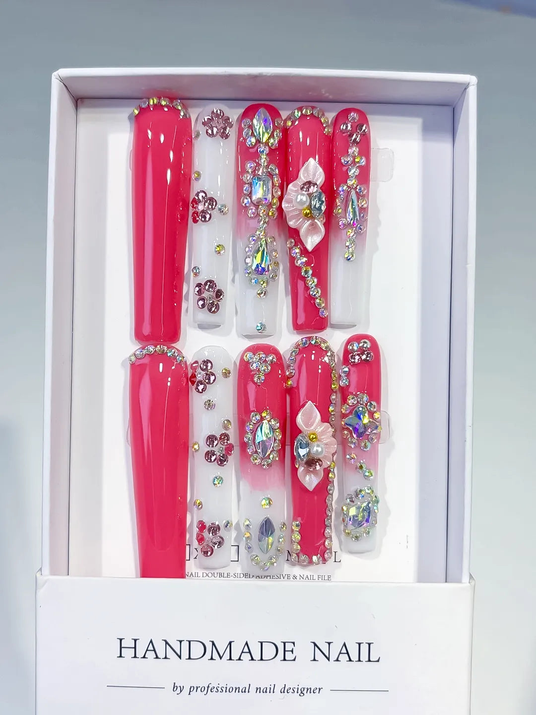 Red Silver Solid color Rhinestone Crystal Cluster press on nails full set view