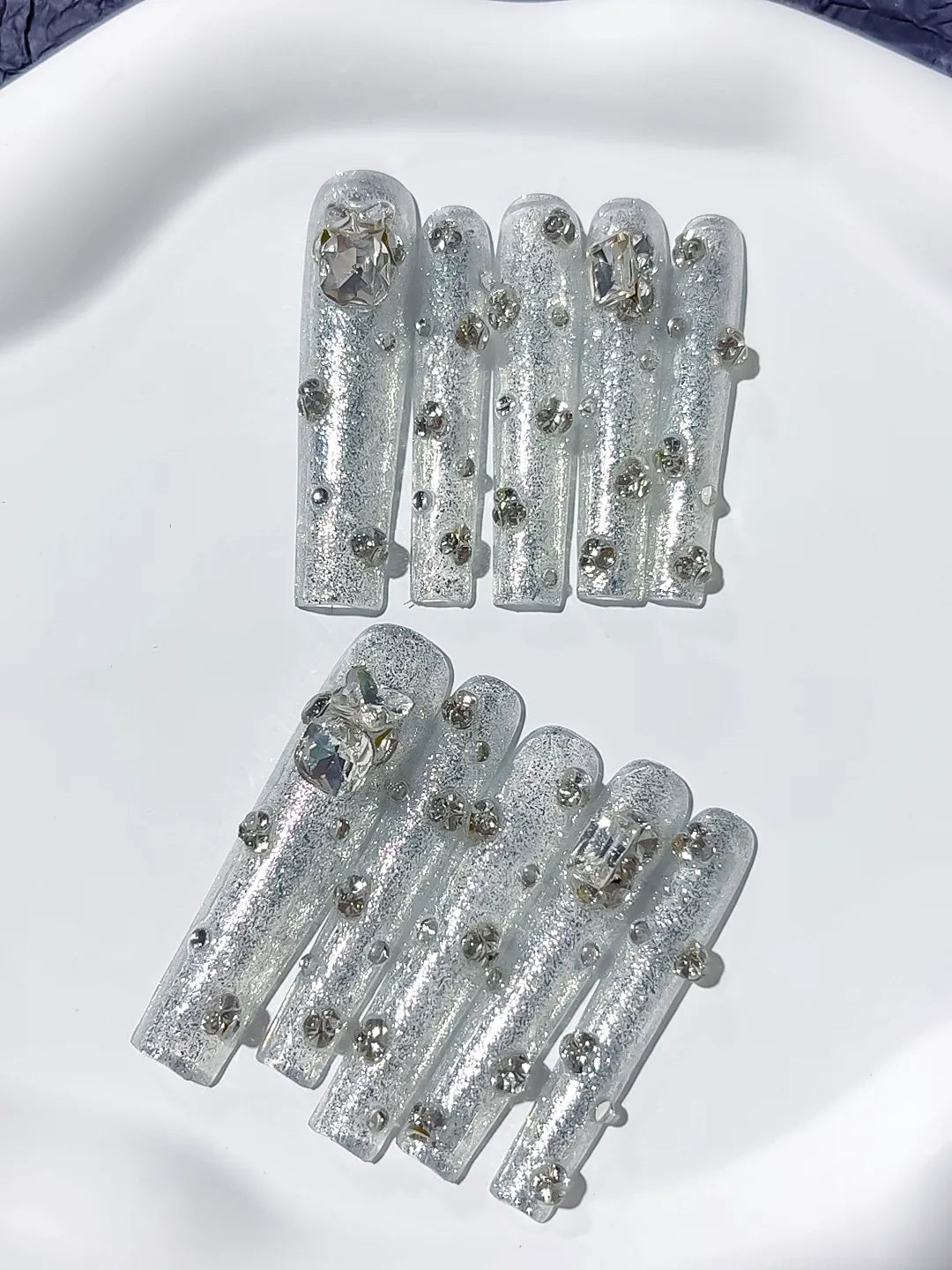 Silver Solid color Rhinestone Crystal Cluster press on nails close up