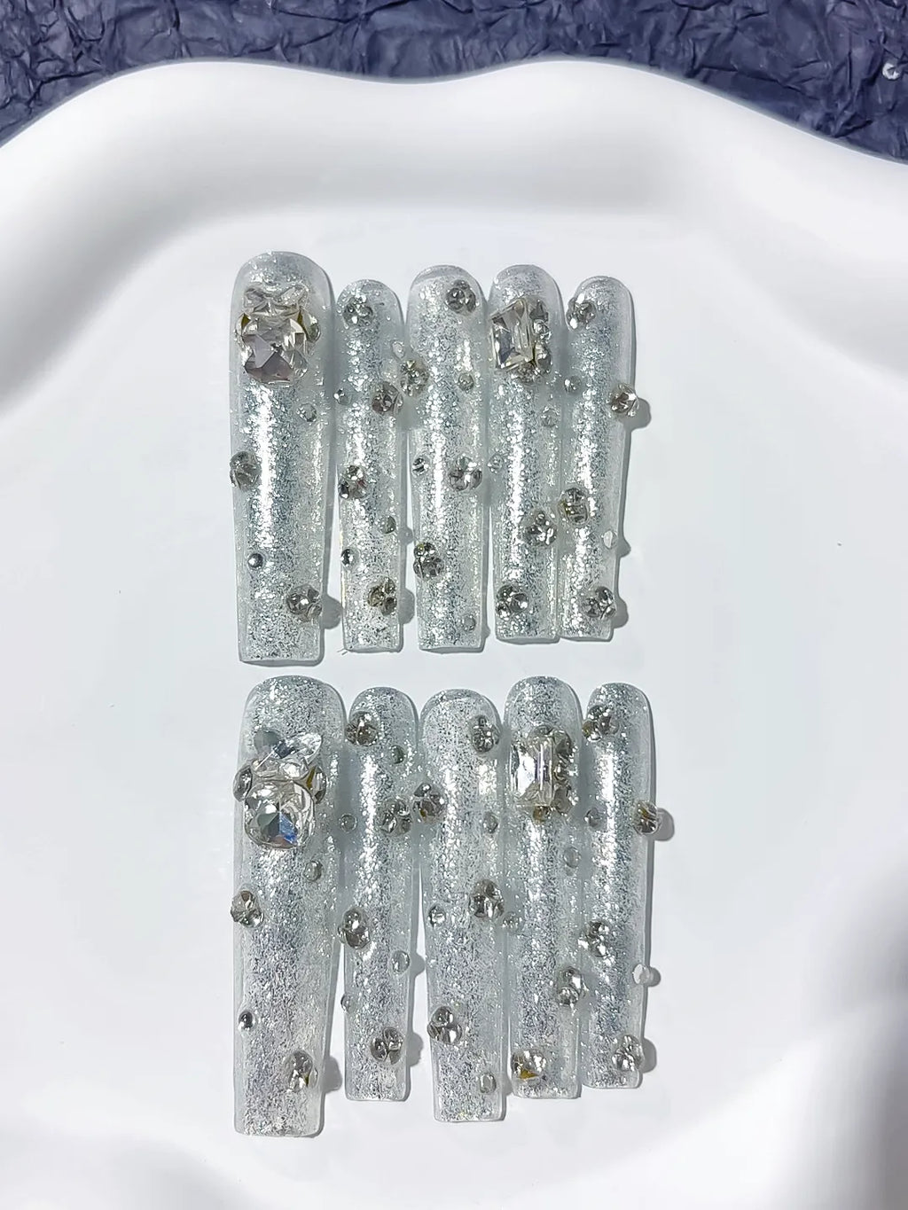 Silver Solid color Rhinestone Crystal Cluster press on nails detail view