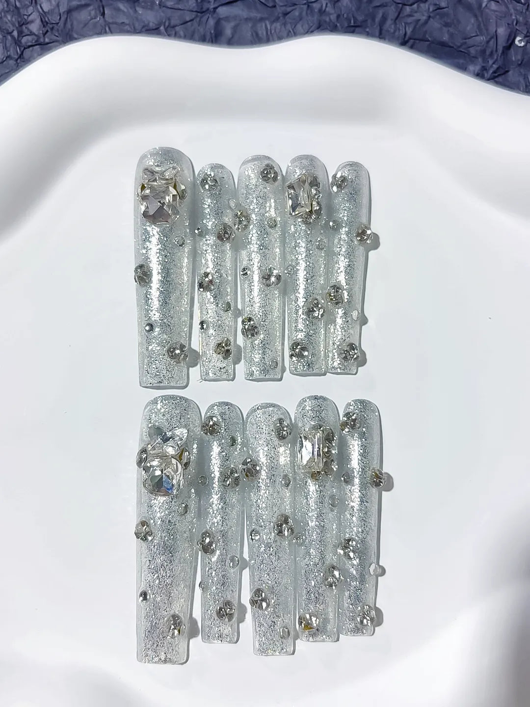 Silver Solid color Rhinestone Crystal Cluster press on nails detail view