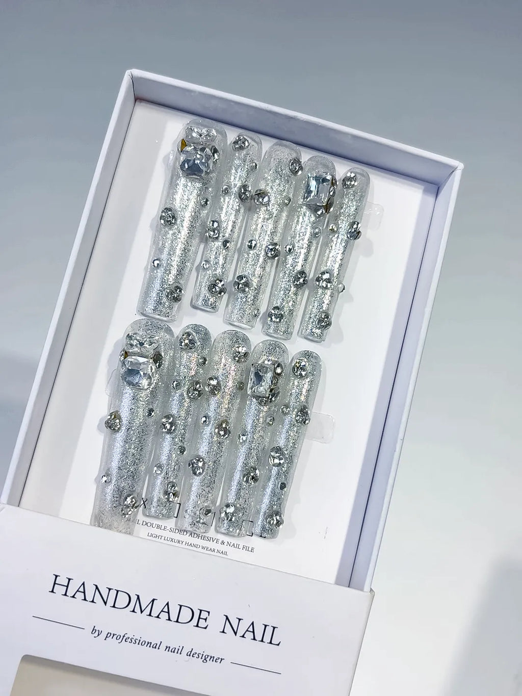 Silver Solid color Rhinestone Crystal Cluster press on nails