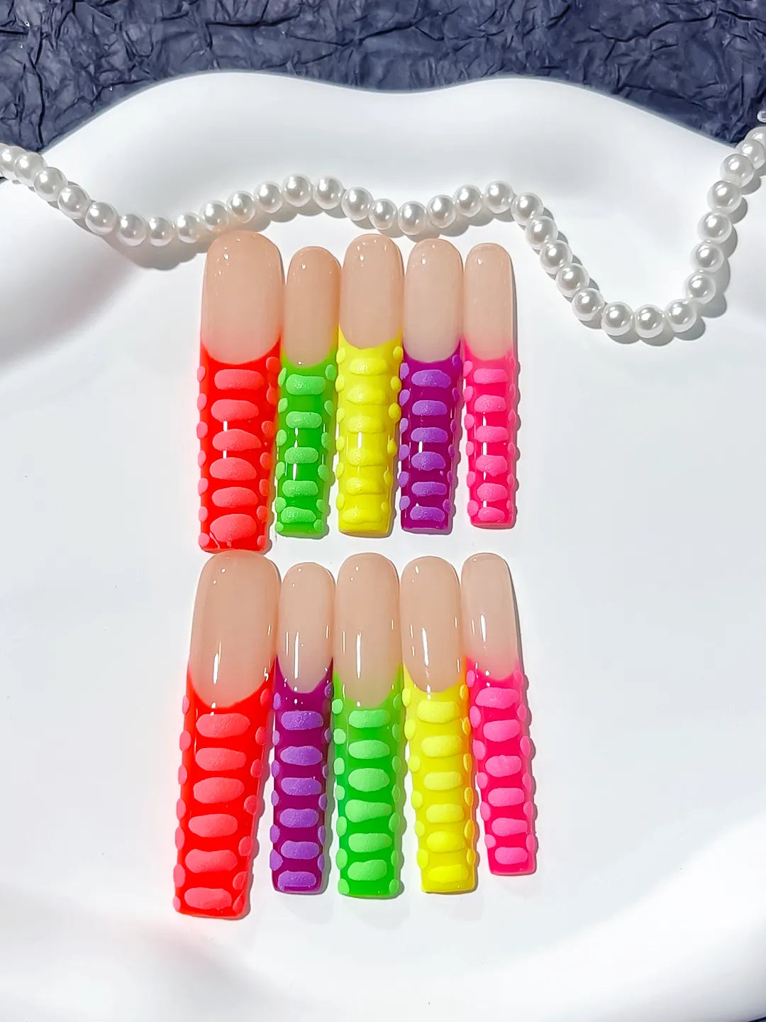 Red Orange Yellow Green Abstract press on nails detail view