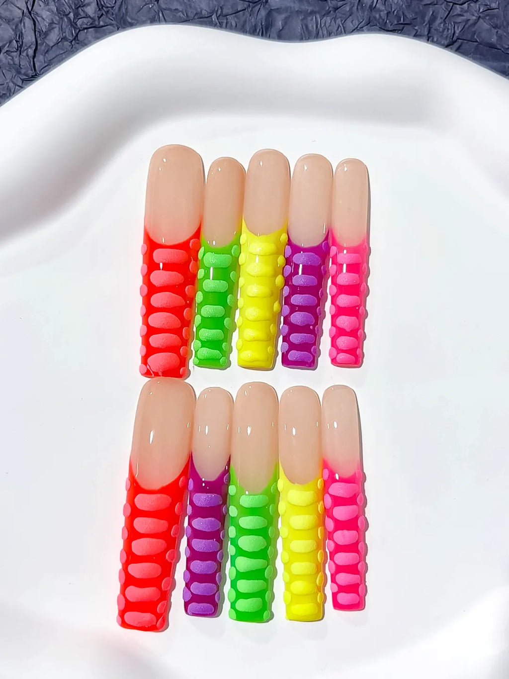 Red Orange Yellow Green Abstract press on nails detail view