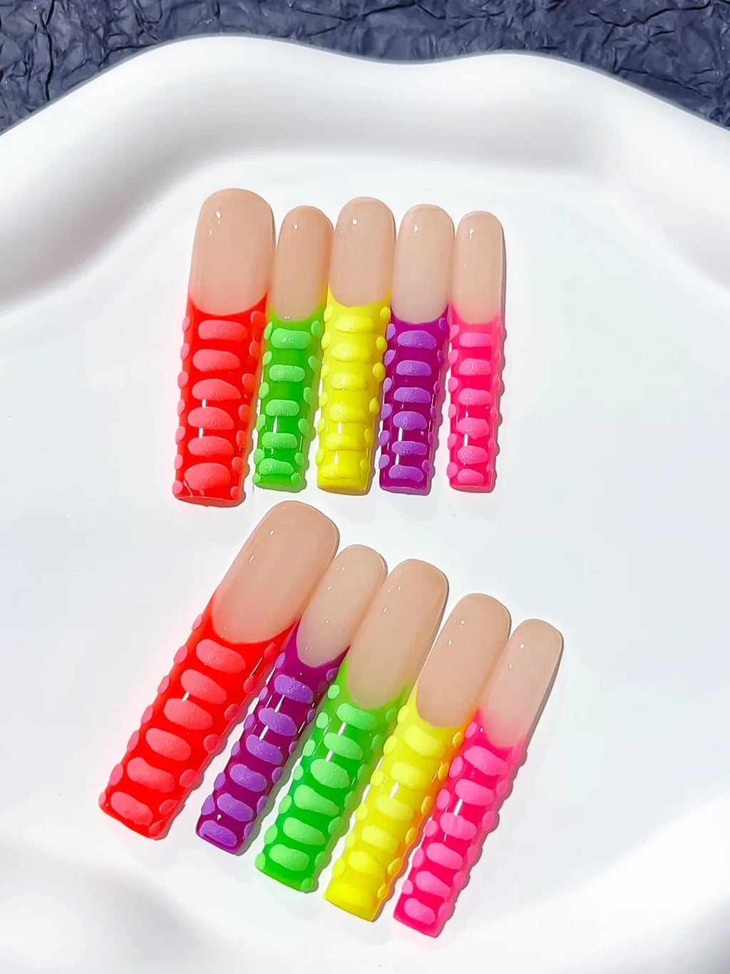 Red Orange Yellow Green Abstract press on nails detail view
