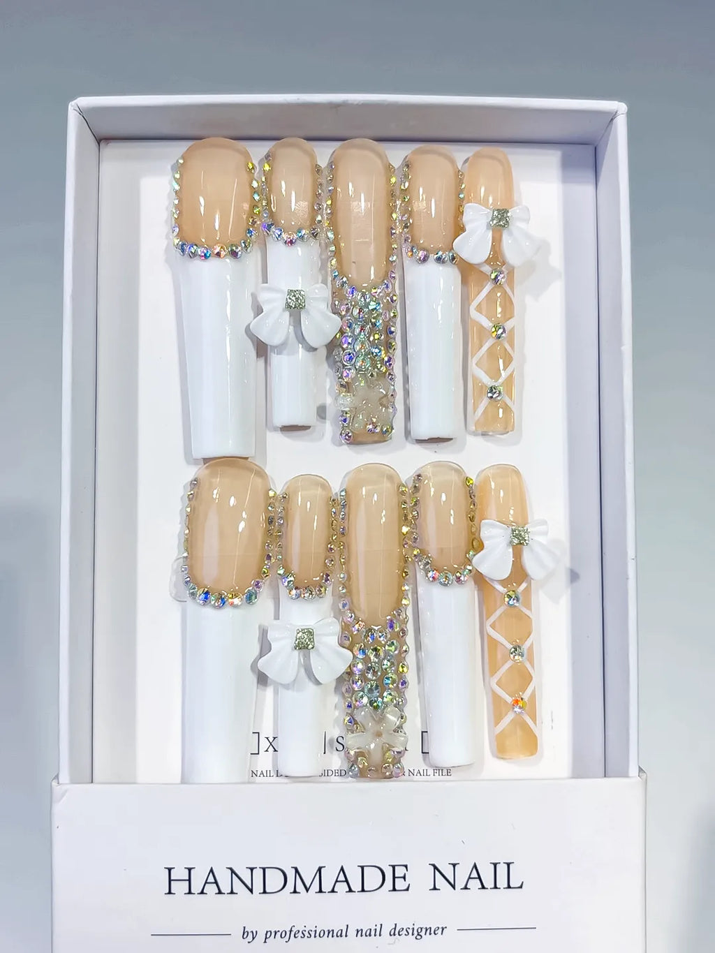 Nude White Gold Solid color Rhinestone Metallic Accent press on nails full set view