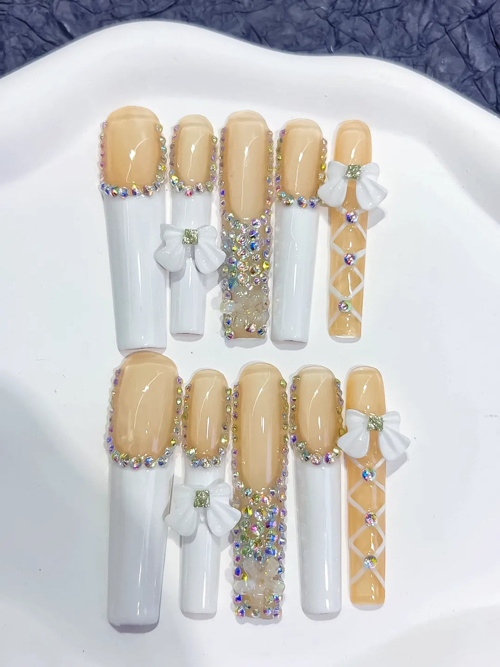 Nude White Gold Solid color Rhinestone Metallic Accent press on nails detail view