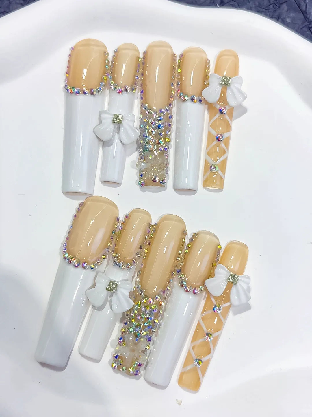 Nude White Gold Solid color Rhinestone Metallic Accent press on nails detail view