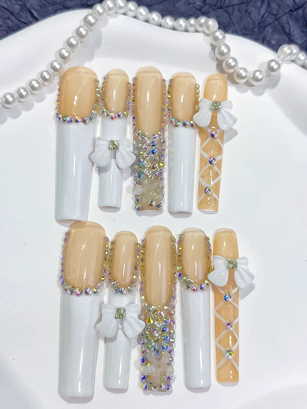 Nude White Gold Solid color Rhinestone Metallic Accent press on nails detail view