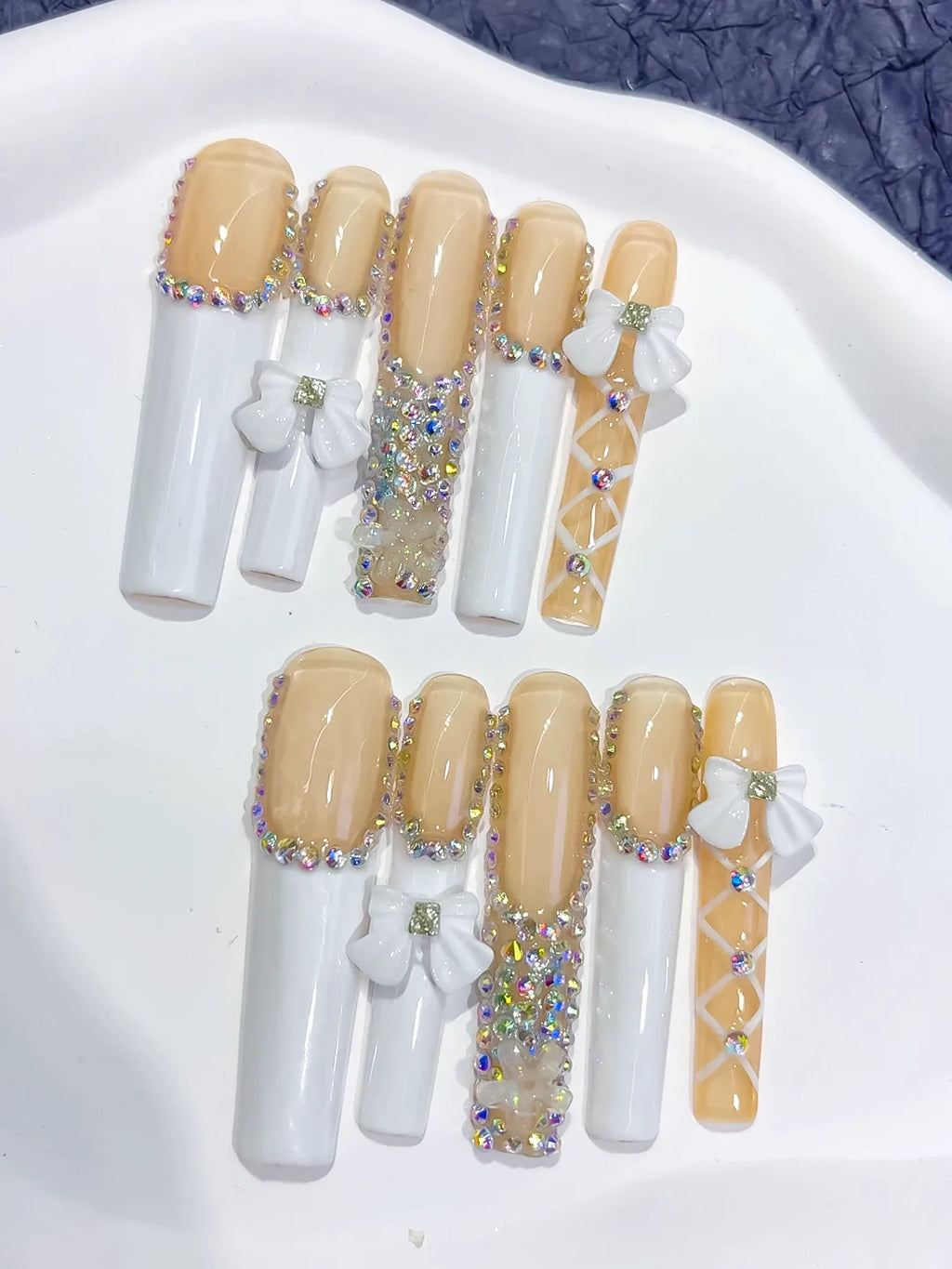 Nude White Gold Solid color Rhinestone Metallic Accent press on nails close up