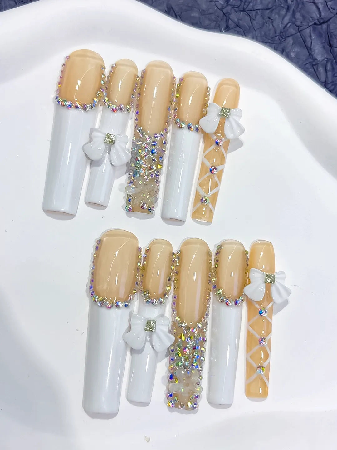 Nude White Gold Solid color Rhinestone Metallic Accent press on nails close up