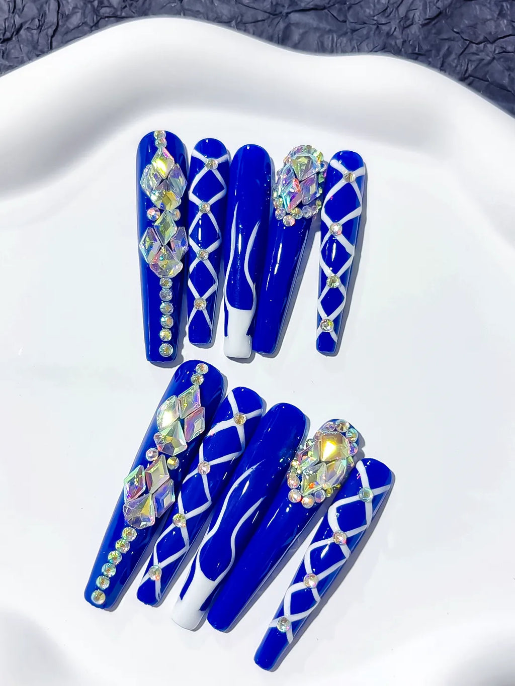 Blue Silver Abstract Linework Rhinestone press on nails detail view