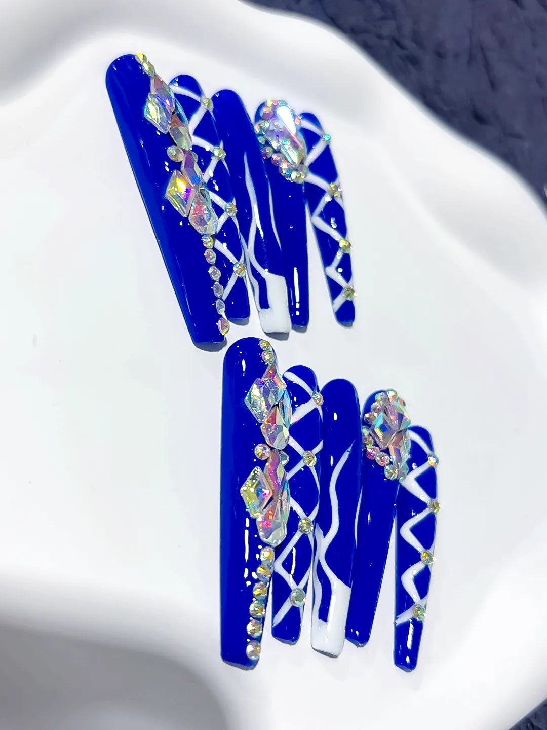 Blue Silver Abstract Linework Rhinestone press on nails close up
