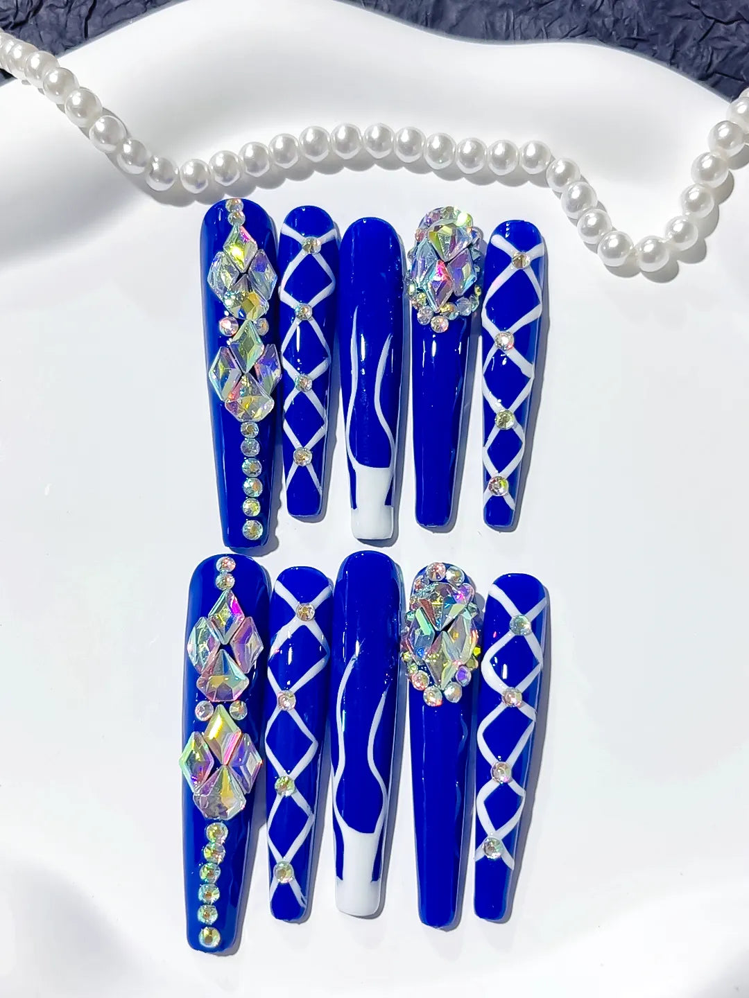 Blue Silver Abstract Linework Rhinestone press on nails detail view