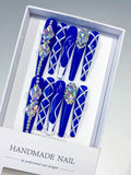 Blue Silver Abstract Linework Rhinestone press on nails