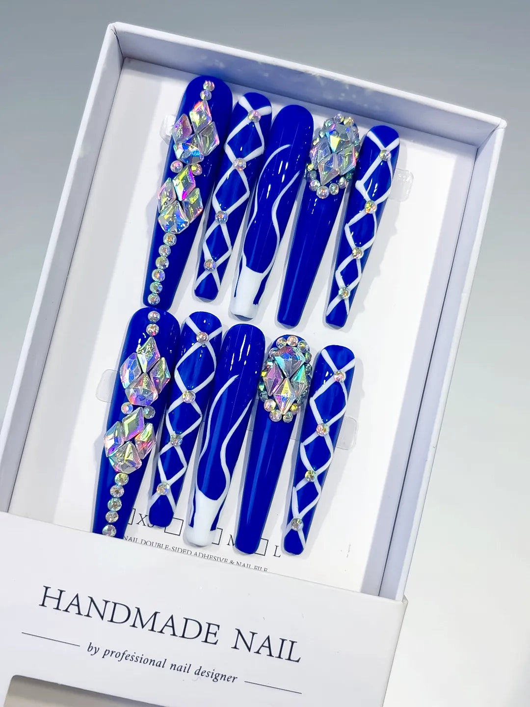 Blue Silver Abstract Linework Rhinestone press on nails