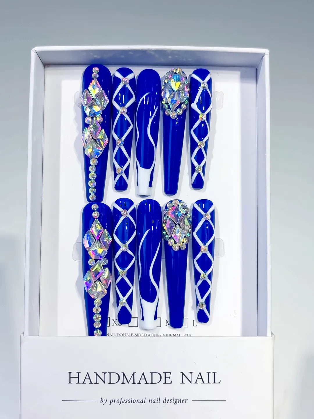 Blue Silver Abstract Linework Rhinestone press on nails full set view