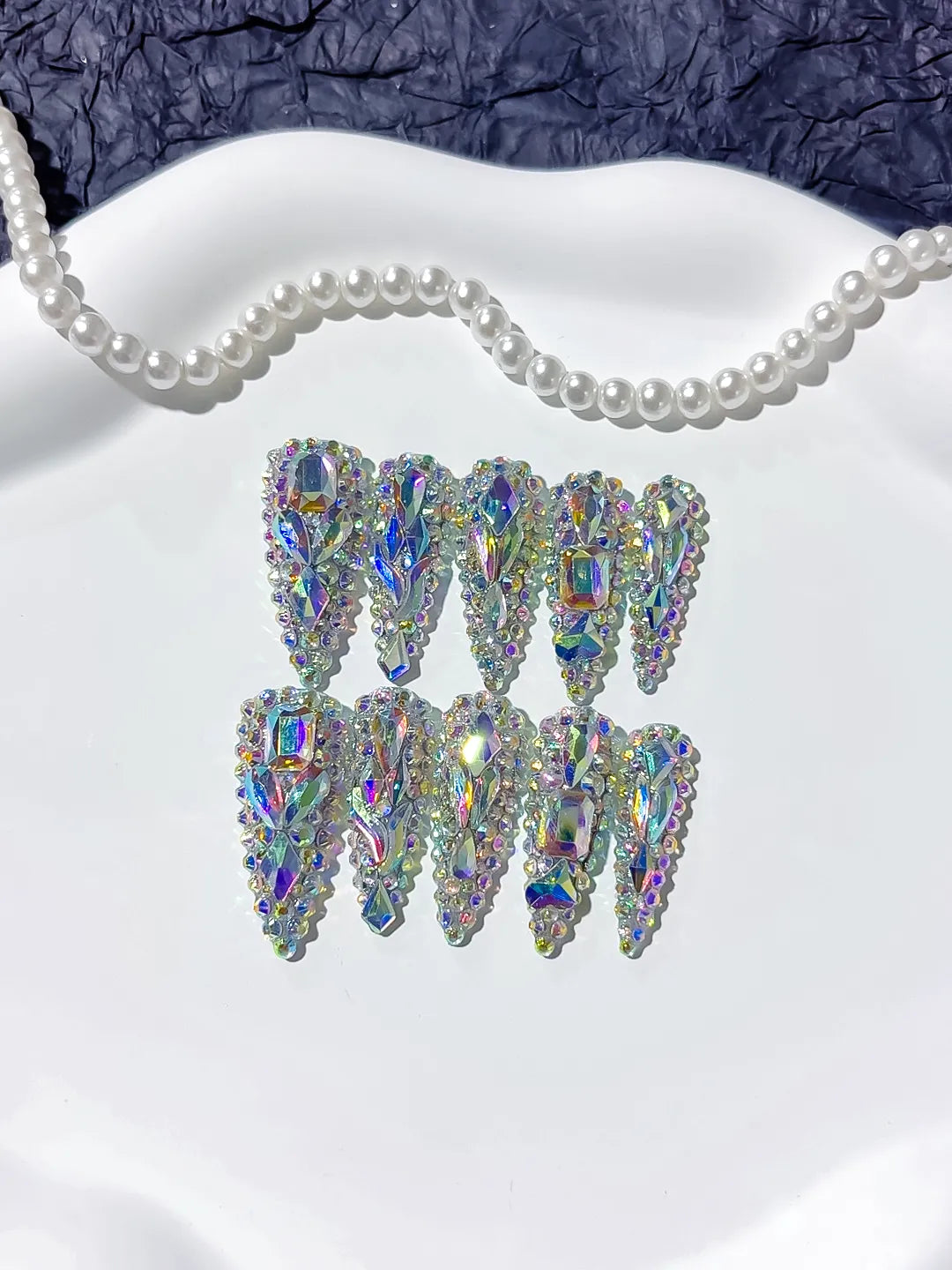 Silver Multicolor Solid color Rhinestone Crystal Cluster press on nails detail view
