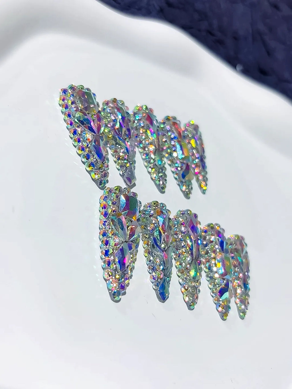 Silver Multicolor Solid color Rhinestone Crystal Cluster press on nails close up