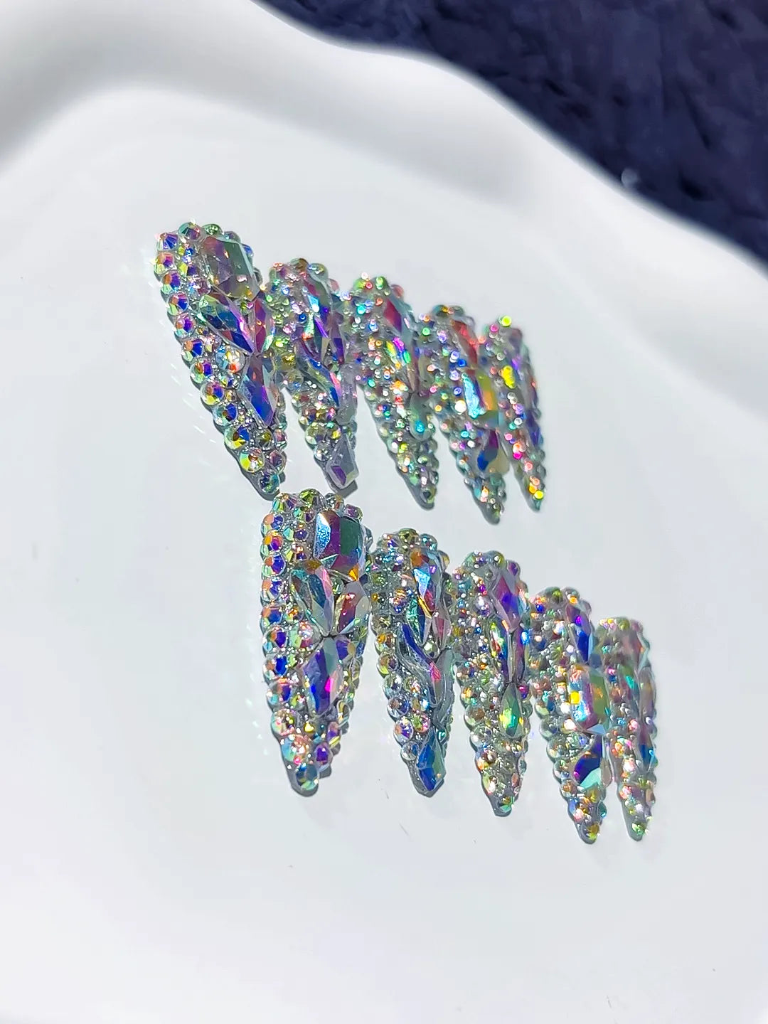 Silver Multicolor Solid color Rhinestone Crystal Cluster press on nails close up