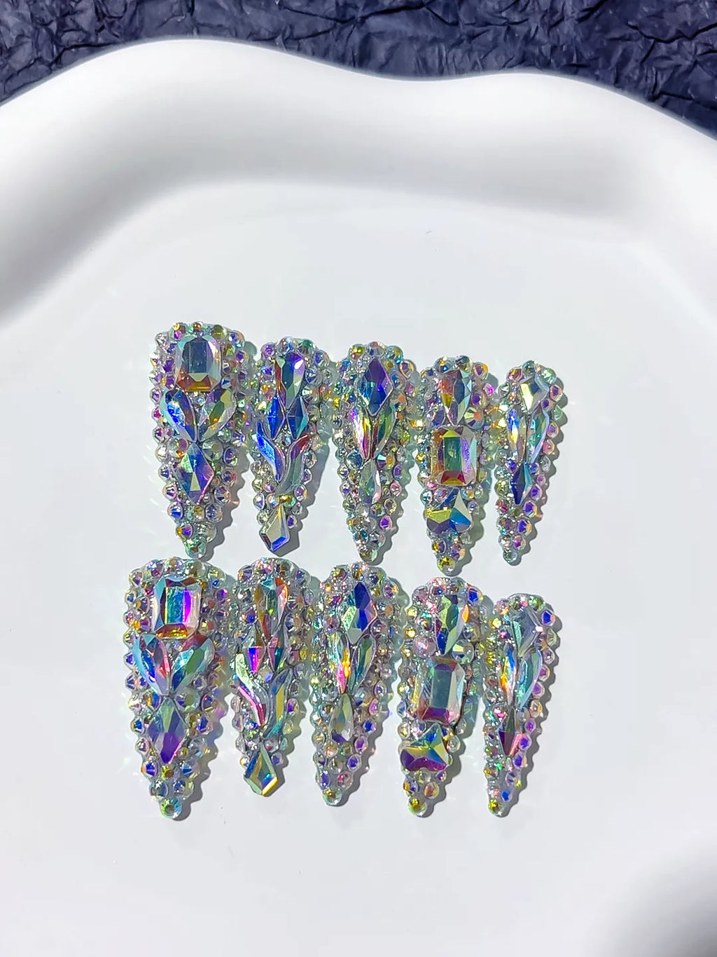 Silver Multicolor Solid color Rhinestone Crystal Cluster press on nails detail view