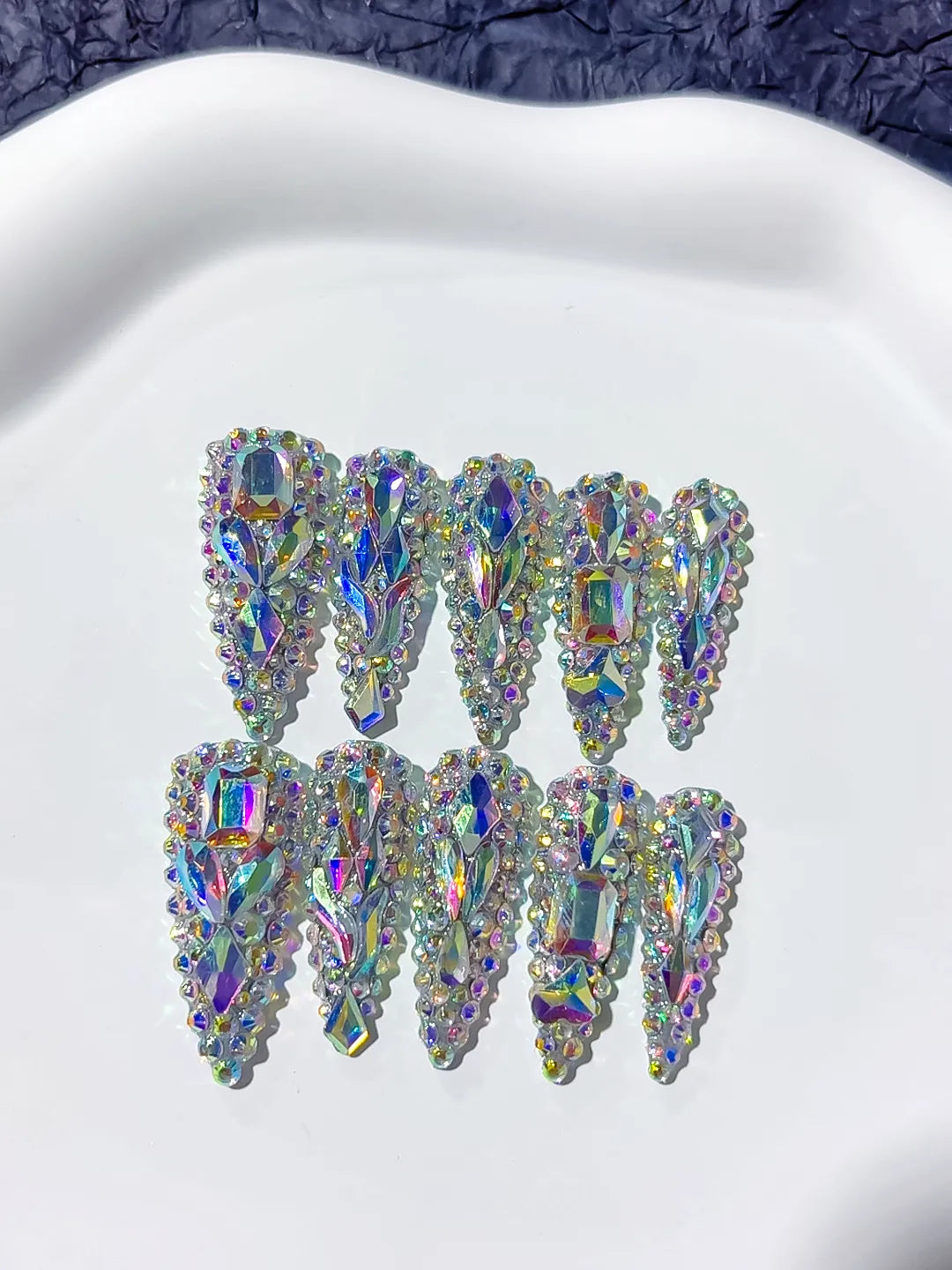 Silver Multicolor Solid color Rhinestone Crystal Cluster press on nails detail view