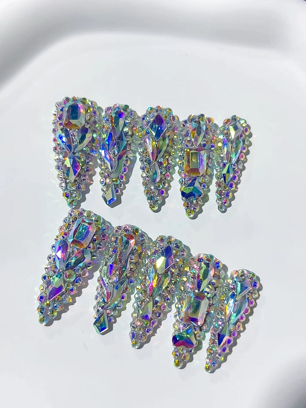 Silver Multicolor Solid color Rhinestone Crystal Cluster press on nails detail view
