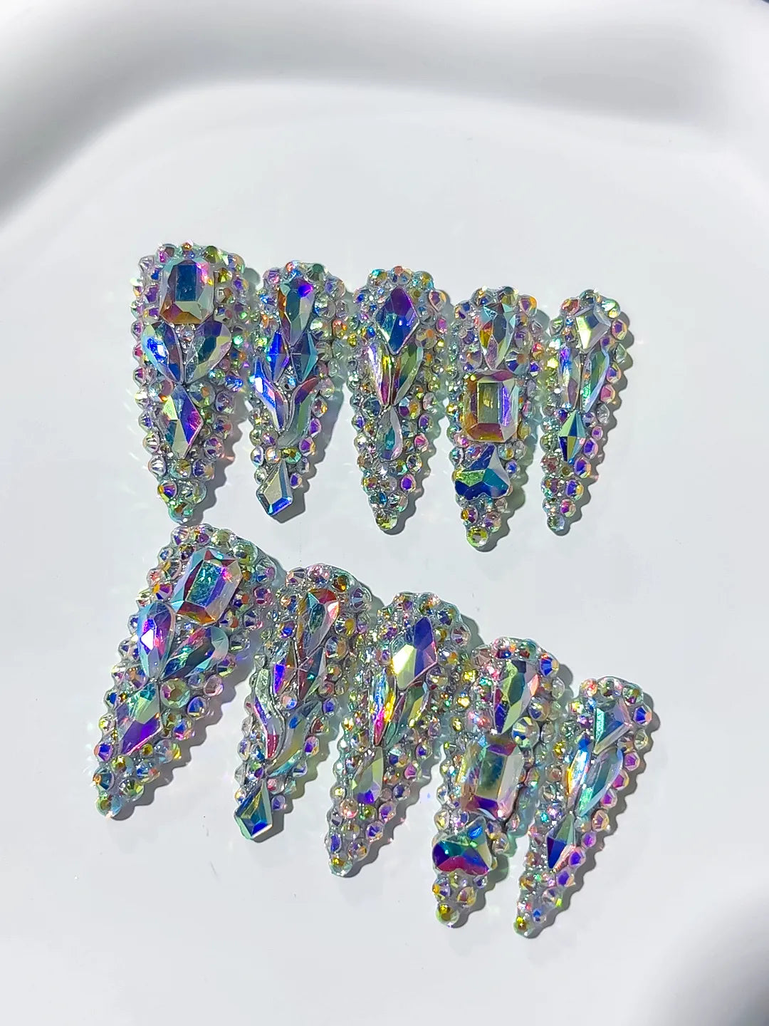 Silver Multicolor Solid color Rhinestone Crystal Cluster press on nails detail view