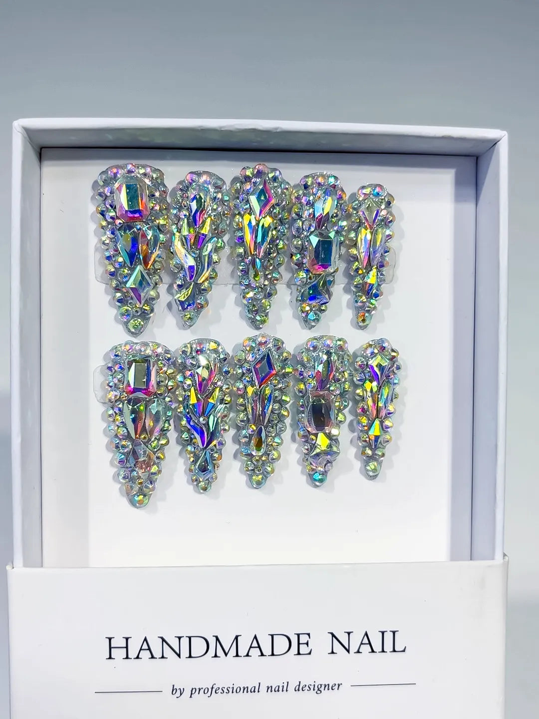 Silver Multicolor Solid color Rhinestone Crystal Cluster press on nails full set view