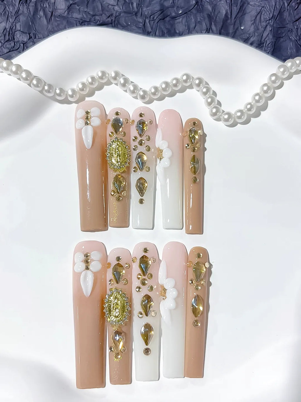 Nude White Gold Green Pink Solid color Flower Rhinestone Metallic Accent 3D press on nails detail view