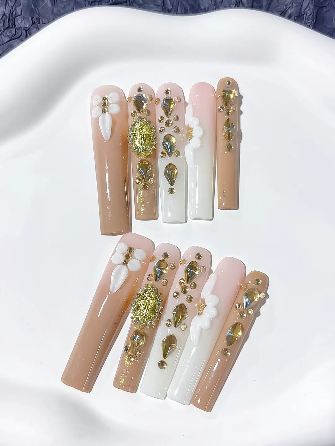 Nude White Gold Green Pink Solid color Flower Rhinestone Metallic Accent 3D press on nails close up