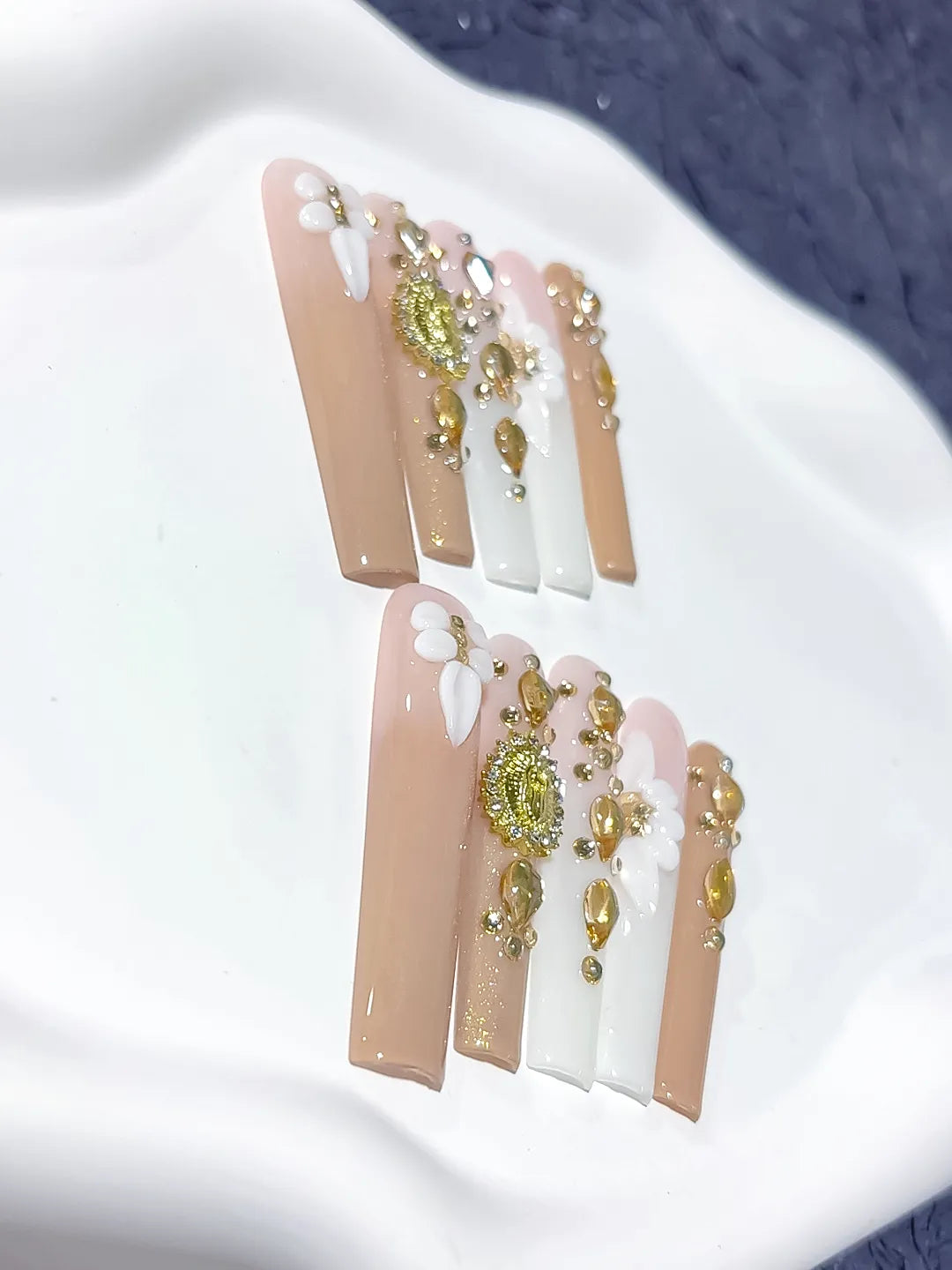 Nude White Gold Green Pink Solid color Flower Rhinestone Metallic Accent 3D press on nails detail view