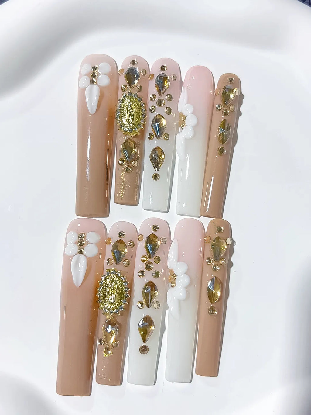Nude White Gold Green Pink Solid color Flower Rhinestone Metallic Accent 3D press on nails detail view
