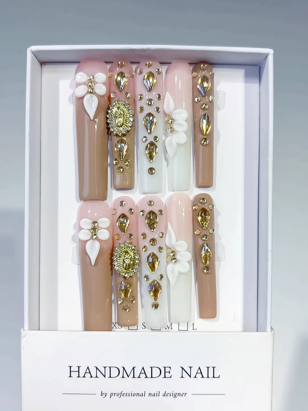 Nude White Gold Green Pink Solid color Flower Rhinestone Metallic Accent 3D press on nails full set view