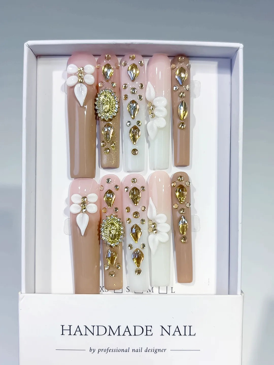Nude White Gold Green Pink Solid color Flower Rhinestone Metallic Accent 3D press on nails full set view