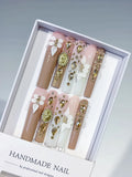 Nude White Gold Green Pink Solid color Flower Rhinestone Metallic Accent 3D press on nails