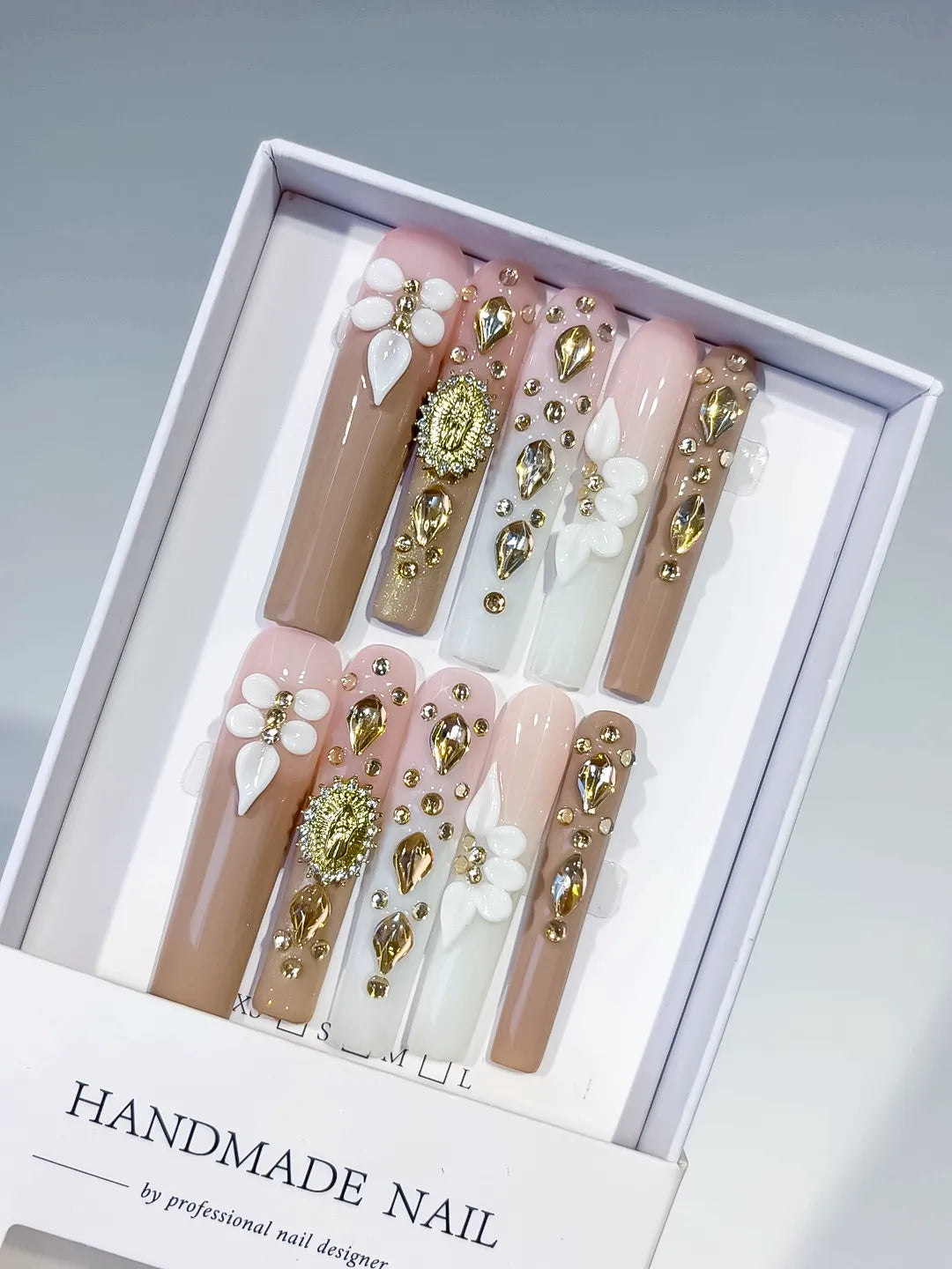Nude White Gold Green Pink Solid color Flower Rhinestone Metallic Accent 3D press on nails