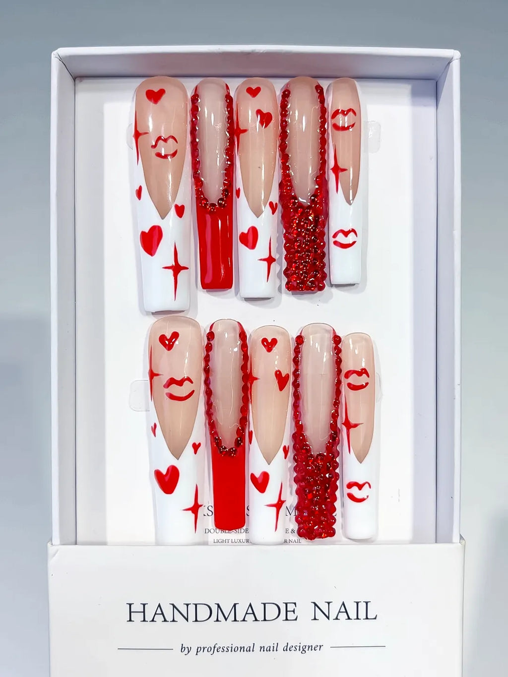 White Red French tip Bow Dot 3D press on nails full set view