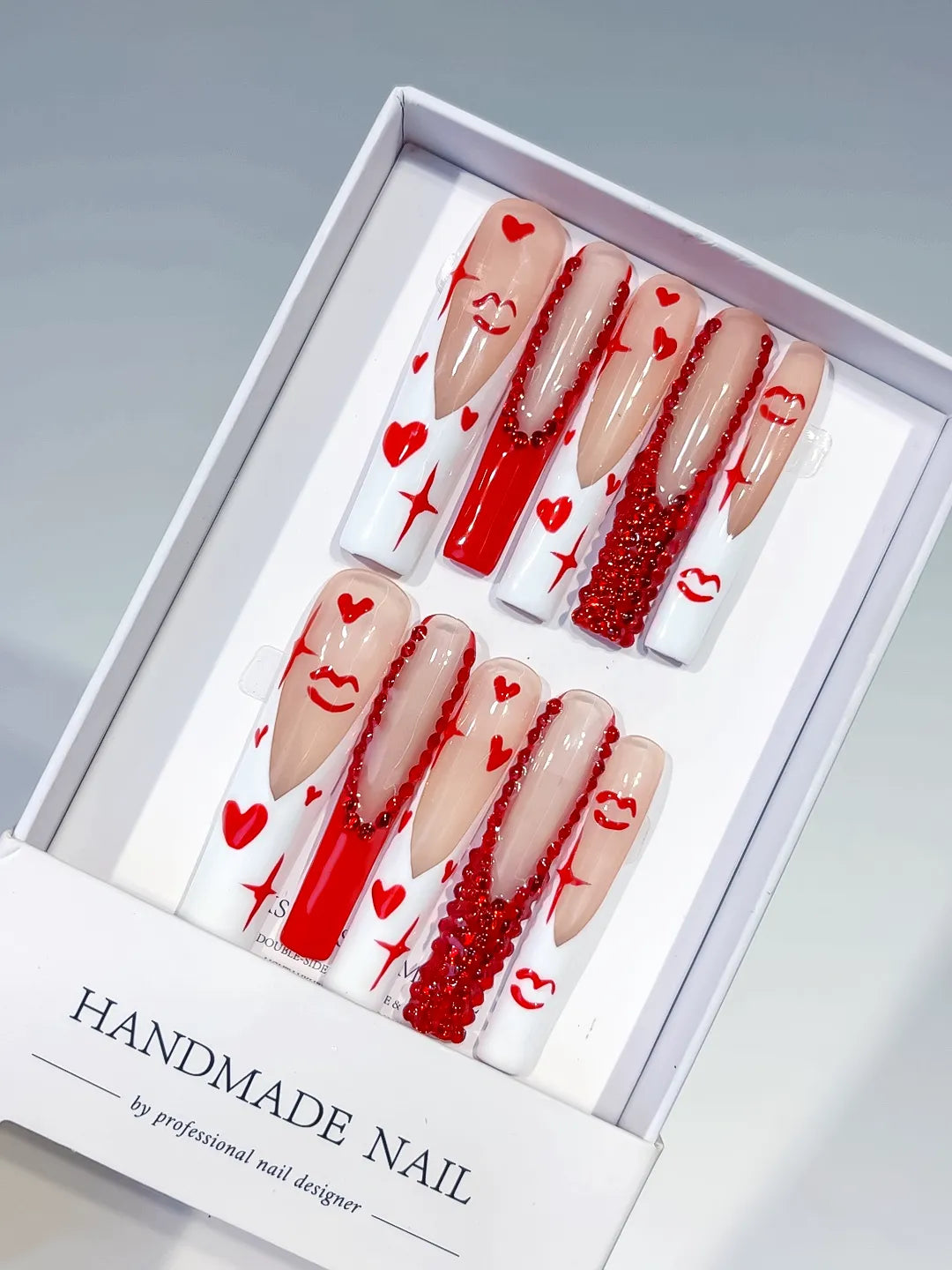White Red French tip Bow Dot 3D press on nails