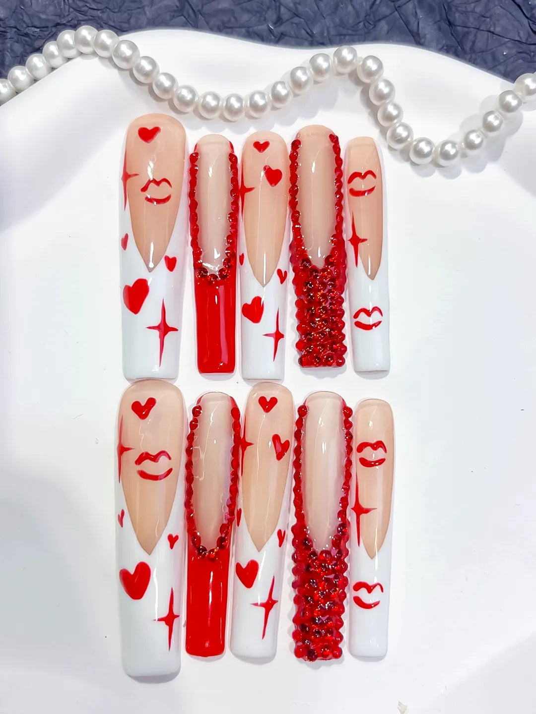 White Red French tip Bow Dot 3D press on nails detail view