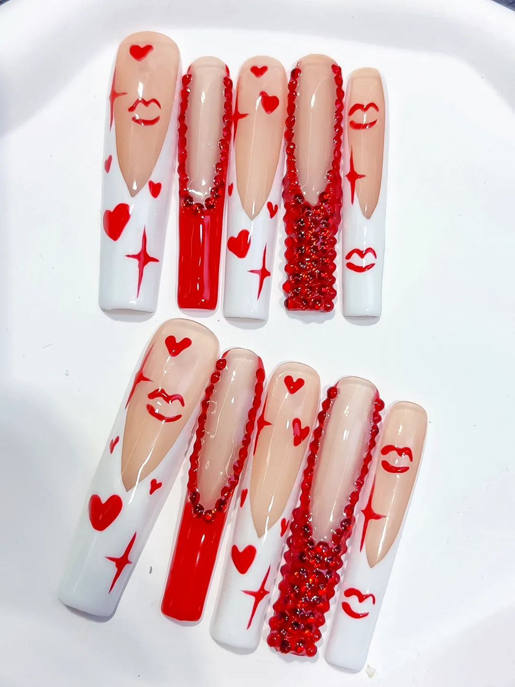 White Red French tip Bow Dot 3D press on nails detail view