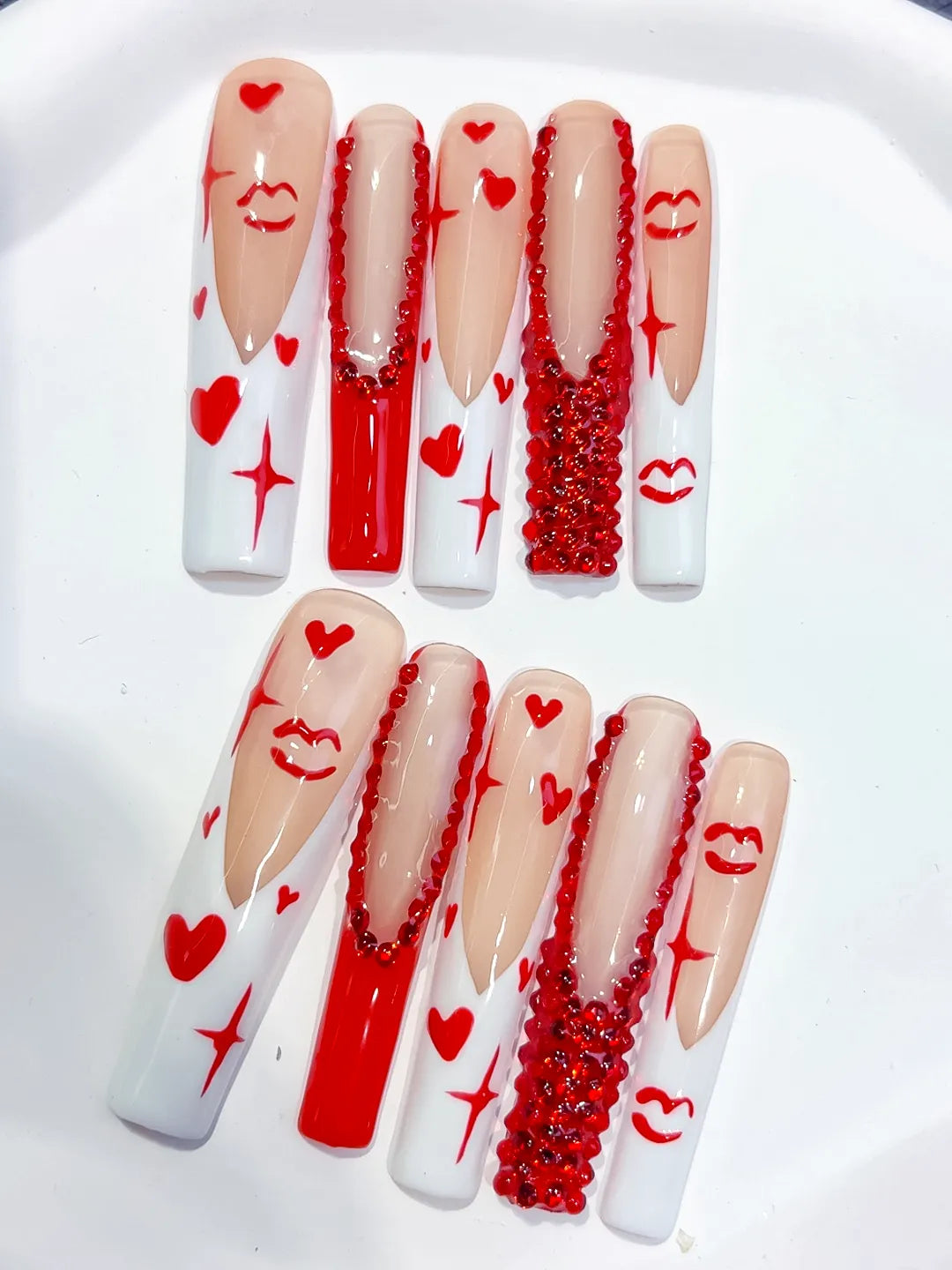 White Red French tip Bow Dot 3D press on nails detail view
