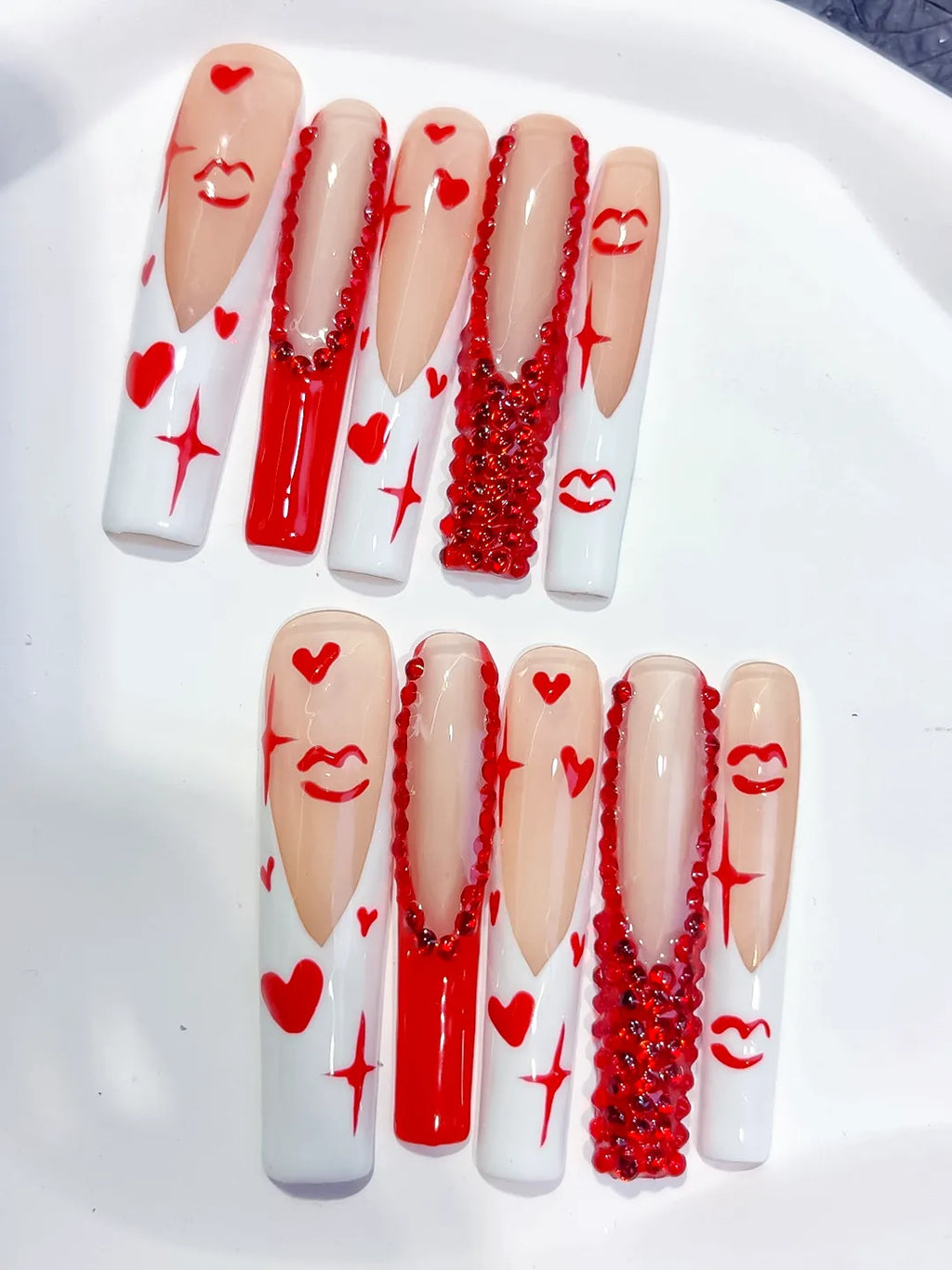 White Red French tip Bow Dot 3D press on nails detail view