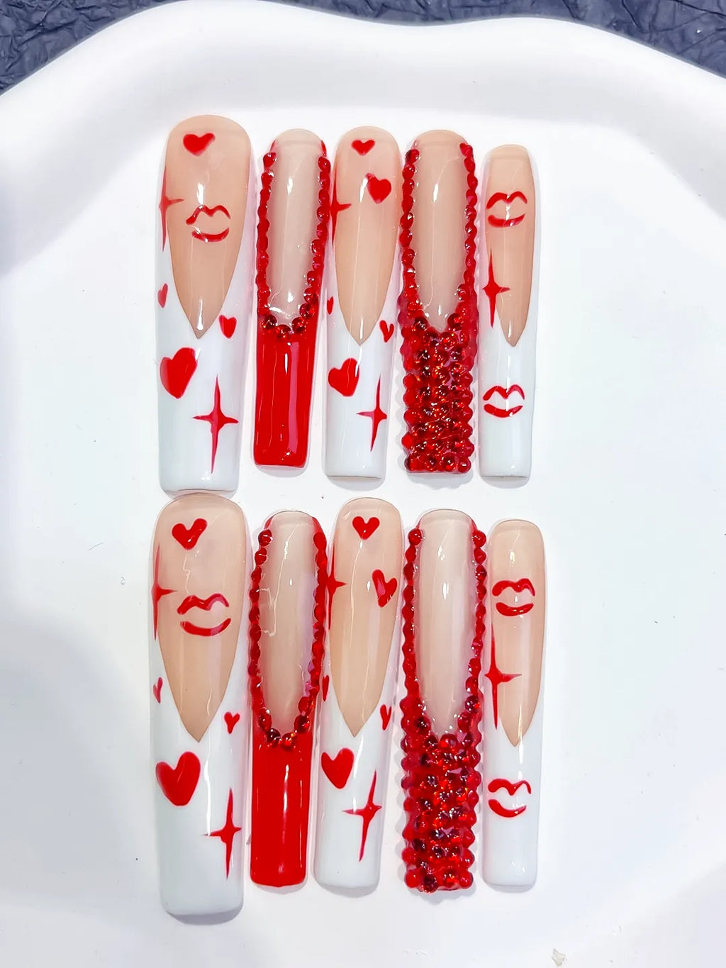 White Red French tip Bow Dot 3D press on nails close up