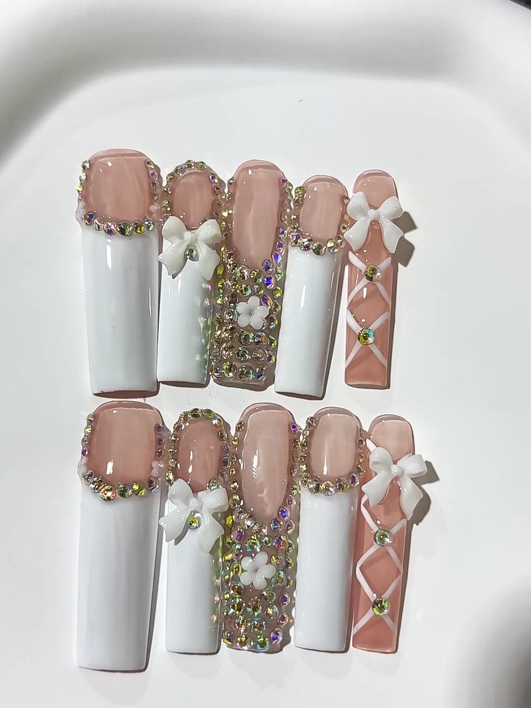 Nude White Pink Silver Solid color Heart Rhinestone 3D press on nails close up