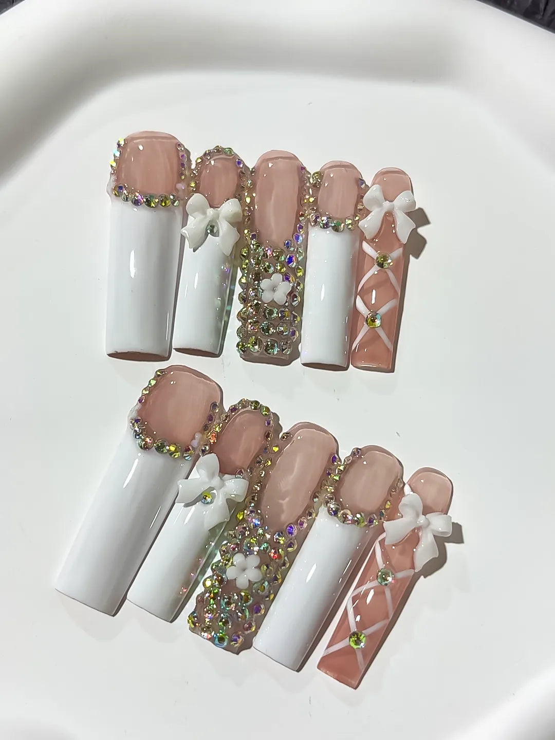 Nude White Pink Silver Solid color Heart Rhinestone 3D press on nails detail view