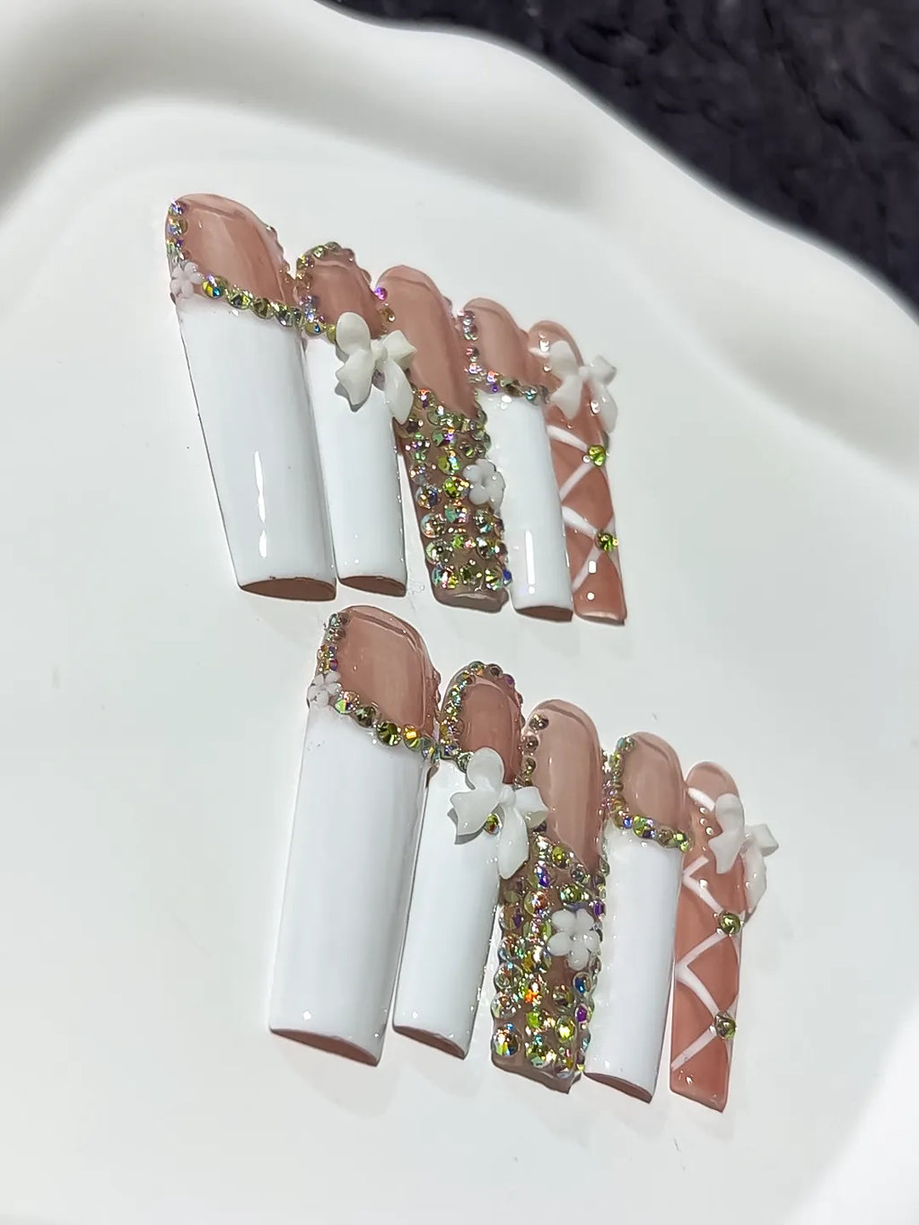 Nude White Pink Silver Solid color Heart Rhinestone 3D press on nails detail view