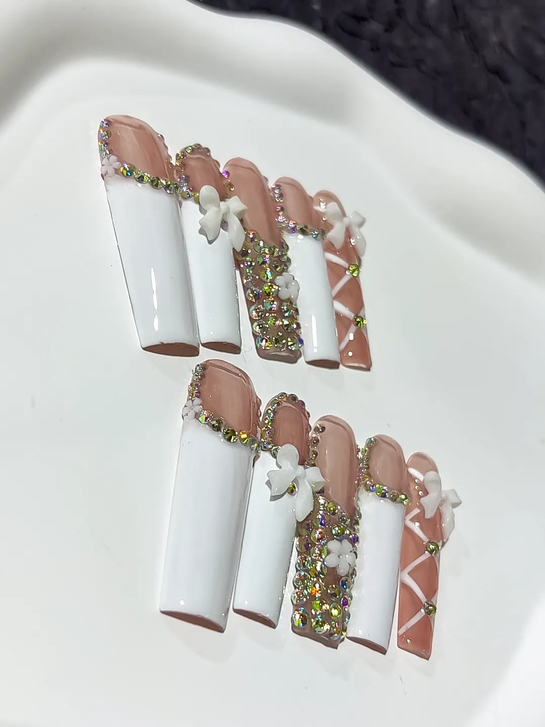 Nude White Pink Silver Solid color Heart Rhinestone 3D press on nails detail view