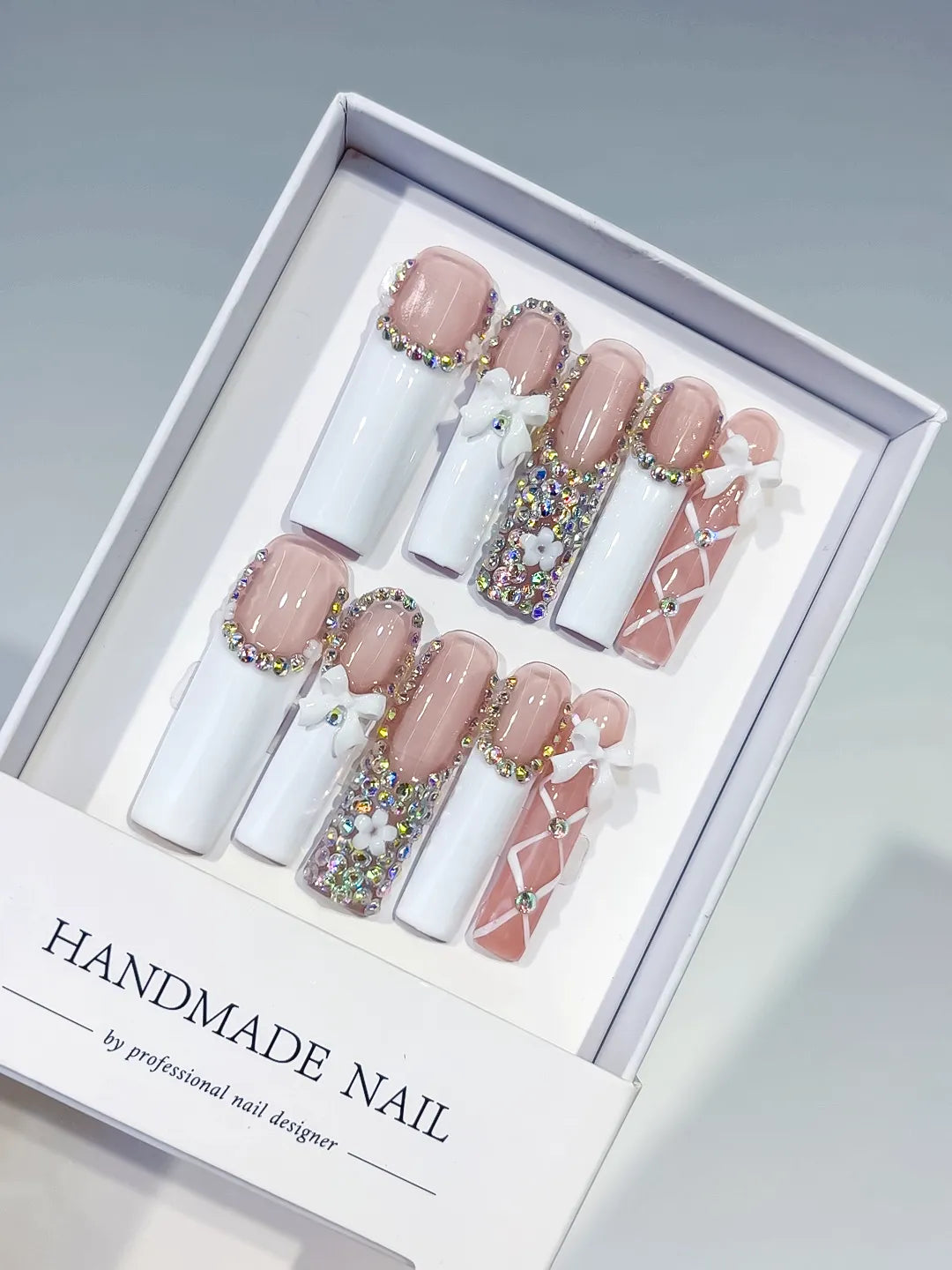 Nude White Pink Silver Solid color Heart Rhinestone 3D press on nails