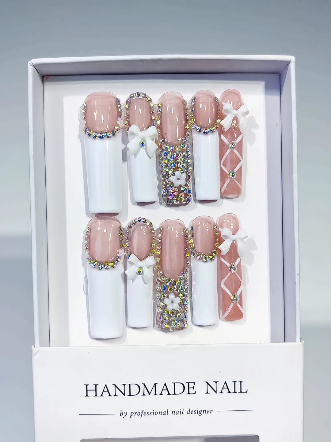 Nude White Pink Silver Solid color Heart Rhinestone 3D press on nails full set view