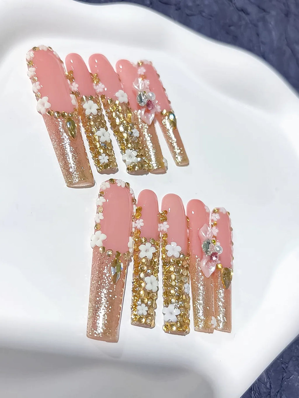 Nude Pink Gold Silver Solid color Flower Rhinestone Crystal Cluster 3D press on nails close up
